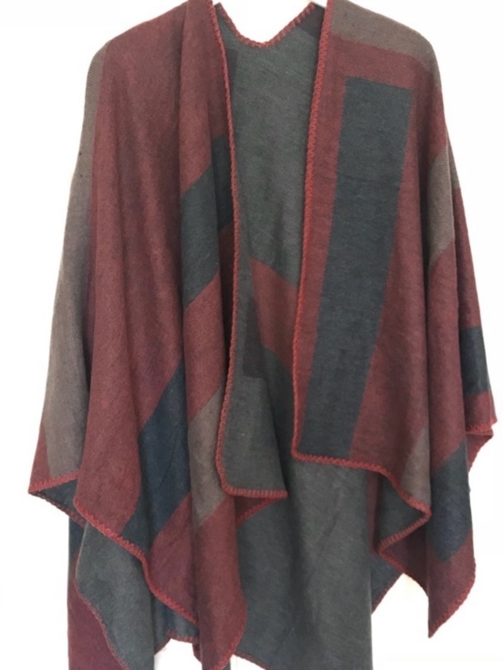 BB Dakota Burgundy and Gray Colorblock Draped Poncho Wrap
